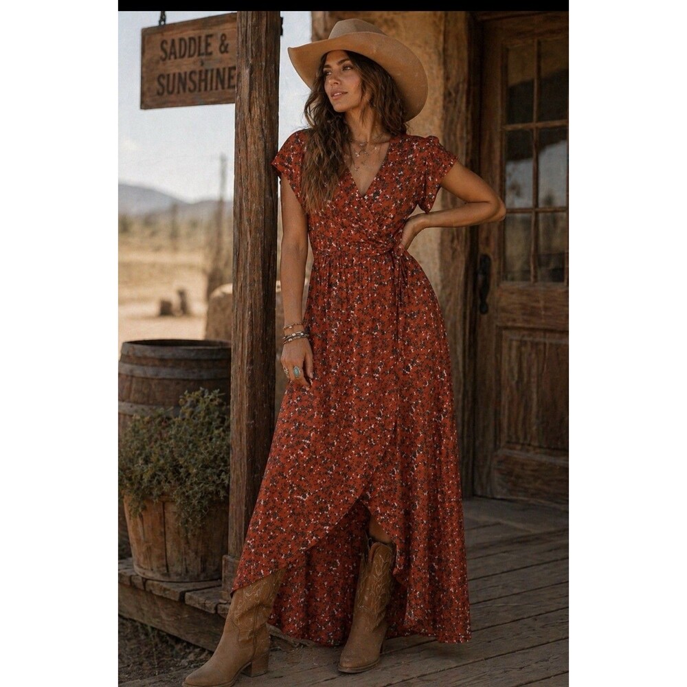 Umgee Women’s Floral Wrap Maxi Dress Boho Short Sleeve Orange V-Neck Cowgirl S